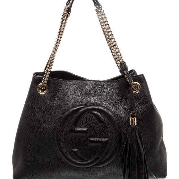 Gucci Handbags - Gucci Black Pebbled Leather Shoulder Bag with Tassel and Gold Chain